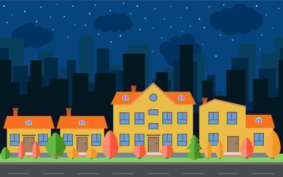 Vector night city with cartoon houses and buildings. City space with road on flat style background concept. Summer urban landscape. Street view with cityscape on a background