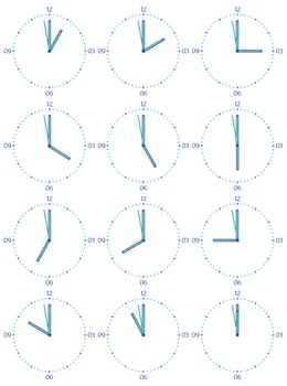 A set of mechanical clocks with an image of each of the twelve hours. Clock face on white background. vector