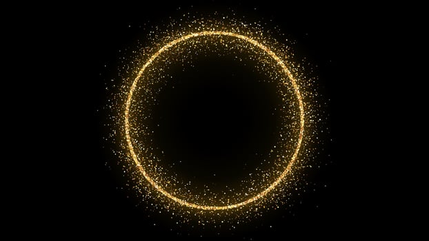 Golden circle frame with glitter, sparkles and flares on dark background. Empty luxury backdrop. Vector illustration.
