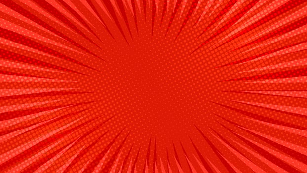 Red comic book page background in pop art style with empty space. Template with rays, dots and halftone effect texture. Vector illustration