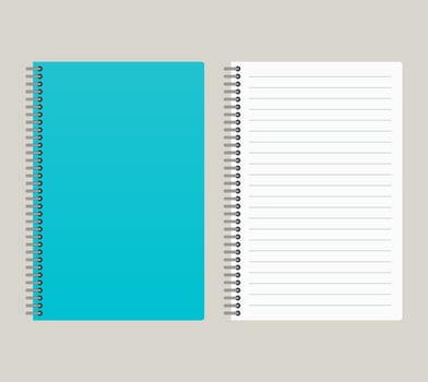 Notepad with a blue cover and with a binding from left side. Vector illustration