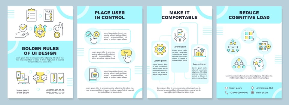 Golden rules of UI blue brochure template. User interface. Leaflet design with linear icons. Editable 4 vector layouts for presentation, annual reports