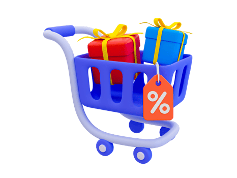 3d minimal special discount concept. Marketing strategy. Customer attraction strategy. Best price offer. Shopping cart with gift boxes and discount tag. 3d illustration. png