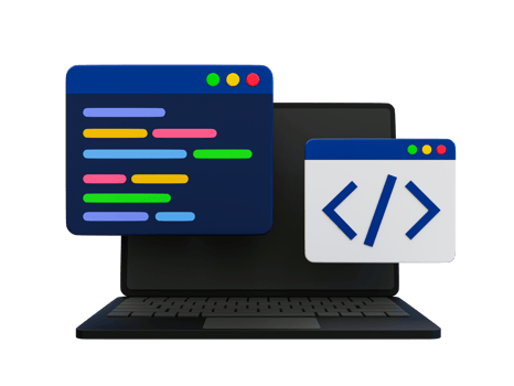 3d minimal programming icon. coding screen. web development concept. Laptop with a coding screen and a coding icon. 3d illustration. png