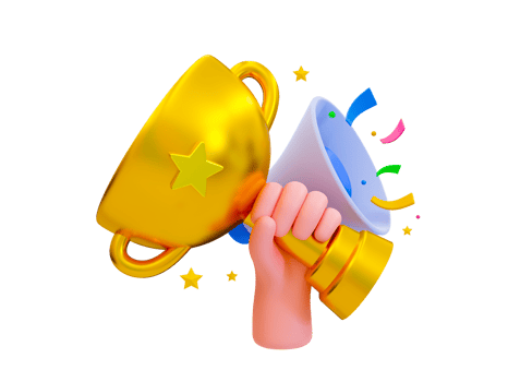 3d minimal champion trophy. prizes for winners. successful competitor. winning contestant. hand holding a gold trophy cup with a megaphone celebrating. 3d rendering illustration. png