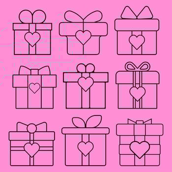 Gift box outline vector illustration. Gift icon design element. Set of present with heart graphic resource. Valentine gift collection