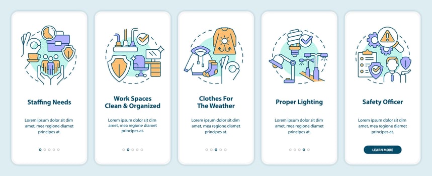 Tips for avoiding workplace injuries onboarding mobile app screen. Walkthrough 5 steps editable graphic instructions with linear concepts. UI, UX, GUI template vector