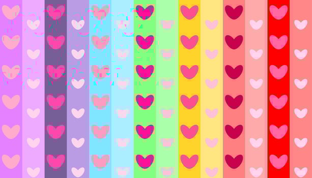 Sweet hearts in rainbow color of vertical box stripes. Abstract seamless rectangle box pattern. Valentine, girl, wedding, love, matter, alternative, lgbtq, wrapping paper concepts. vector