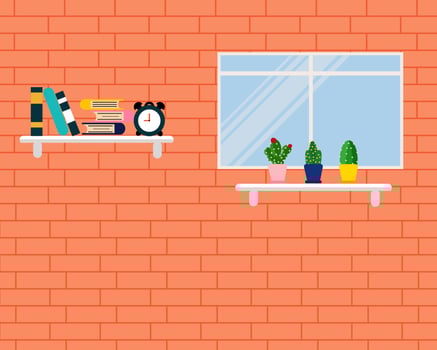 Brick wall, Glass window and shelf in the room. vector