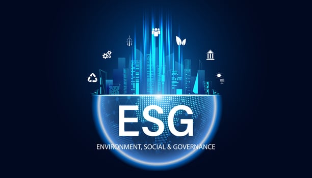 Abstract ESG concept Environment, Social, and Governance, illustrated idea global energy conservation and icons, people, wind turbines, bank, solar power and circular economy on blue vector