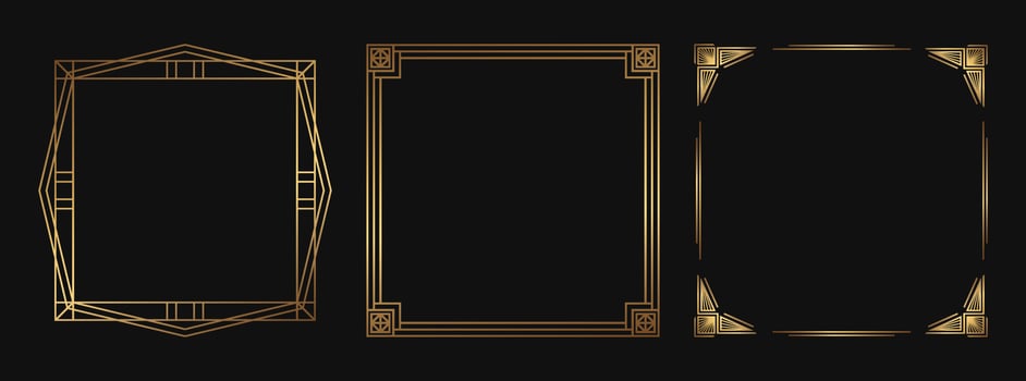 Set of golden decorative frames. Isolated Art Deco line art borders with empty space. vector
