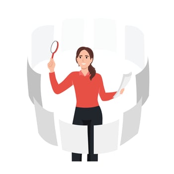 Young businesswoman with magnifying glass search for new career opportunities. Smiling female employee with magnifier discover papers and documents for employment. Flat vector illustration