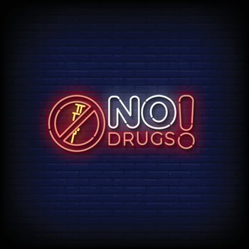 Neon Sign no drugs with brick wall background vector