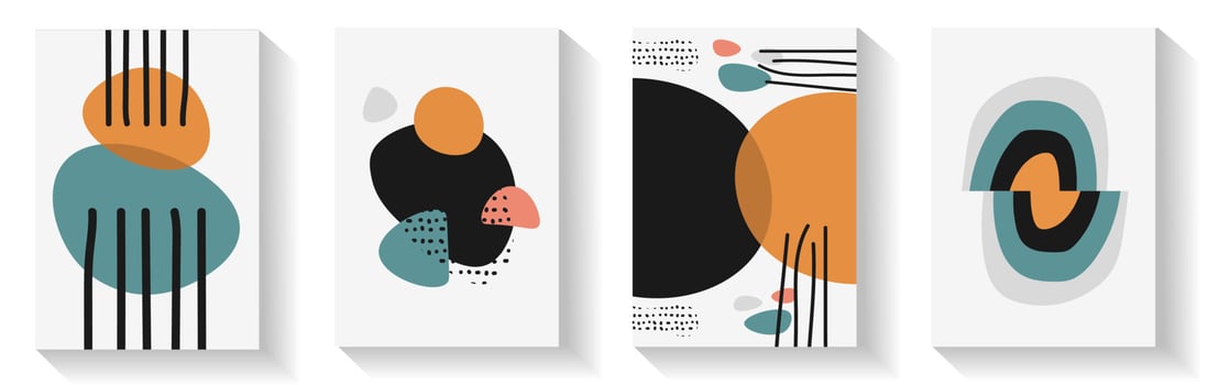 Abstract modern art posters set. Doodle and various lines and dots. pastel color hand drawn geometric shapes and tropical leaves silhouettes. Wall decoration for home interior or brochure cover design vector