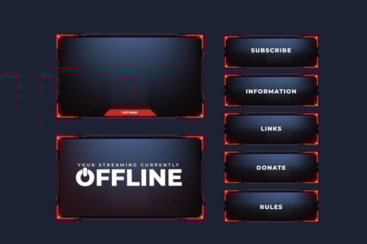 Simple broadcast frame design with red color and dark background. Offline and online screen panels with subscribe buttons for gamers. Modern gaming and streaming overlay vector for screen interface.