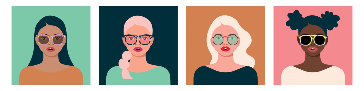 Set of beautiful Women in various sunglasses. Different clothes. Closeup square portraits of cute young ladies. Hand drawn modern Vector illustration. Every lady is isolated. Fashion, style concept
