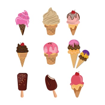 Ice cream set with watercolor drawing of cold summer dessert. Vanilla, chocolate and strawberry ice cream cone, sundae ice cream scoop, fruit popsicle and soft serve gelato for cafe menu design vector