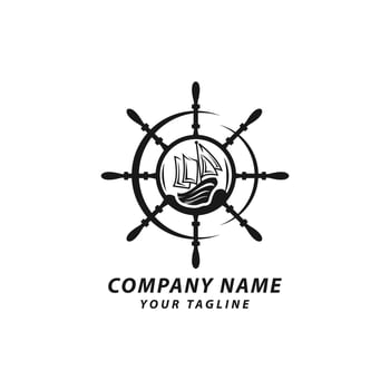 Sailing cruises logo on blurred sea background. Sailboat trips emblem with Steering, Vector template.