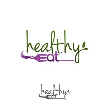 Eat healthy - motivational poster or banner with hand-lettering phrase eat healthy on white background with trendy linear icons and signs of fruits and vegetables - vector illustration