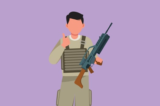 Cartoon flat style drawing male soldier in full uniforms, holding weapons with thumbs up gesture, ready to defend country on battlefield against enemy. Army on duty. Graphic design vector illustration