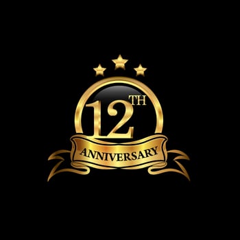 12 year anniversary celebration. Anniversary classic elegance golden color isolated on black background, vector design for celebration, invitation card, and greeting card