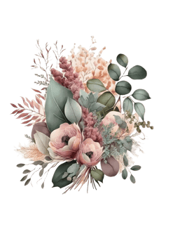 Watercolor floral bouquet composition with roses and eucalyptus png