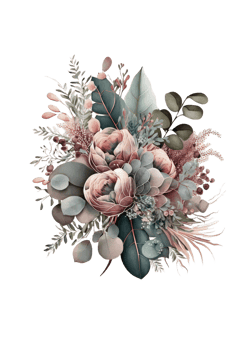 Watercolor floral bouquet composition with roses and eucalyptus png
