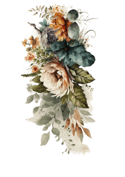 Watercolor floral bouquet composition with roses and eucalyptus png