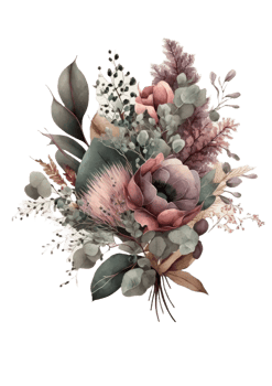 Watercolor floral bouquet composition with roses and eucalyptus png
