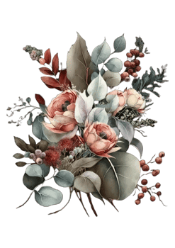 Watercolor floral bouquet composition with roses and eucalyptus png