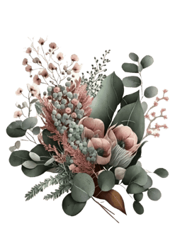 Watercolor floral bouquet composition with roses and eucalyptus png