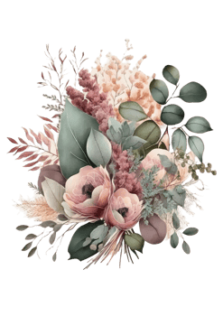 Watercolor floral bouquet composition with roses and eucalyptus png