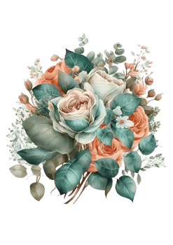 Watercolor floral bouquet composition with roses and eucalyptus png