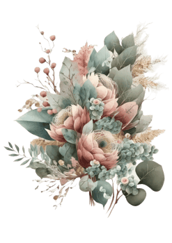 Watercolor floral bouquet composition with roses and eucalyptus png