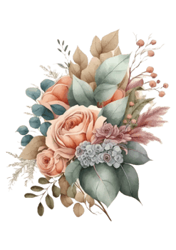 Watercolor floral bouquet composition with roses and eucalyptus png