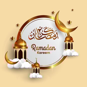 Golden 3D Ramadan Kareem background with Moon, Stars, Dome, cloud and Arabic calligraphy. islamic vector illustration