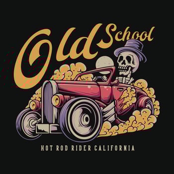 T Shirt Design Old School Hot Rod Rider California With Skeleton Riding A Car Vintage Illustration vector