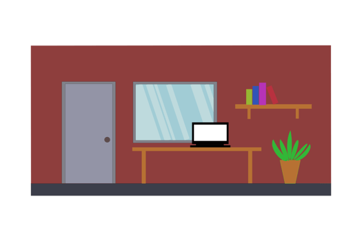 Flat elevation furniture interior room door, window, notebook on table, bookshelf tree pod, inside home or house, png