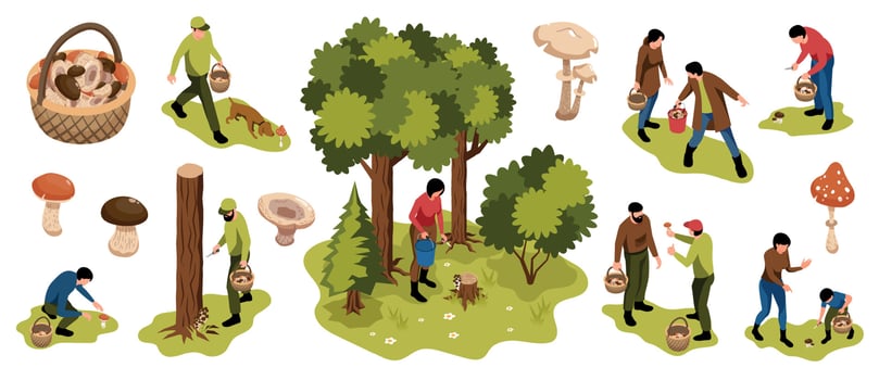 Forest Mushroom Pickers Set vector