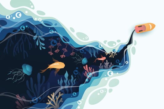 Fishes layered shape wavy ocean underwater background in paper cut style vector