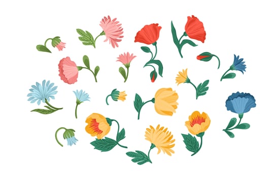 Set of floral design isolated elements. Flowers, buds, stems, leaves. Vector illustrations