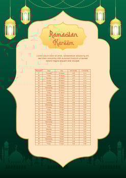 Ramadan kareem islamic calendar template and sehri ifter time schedule Bangladesh date and time vector