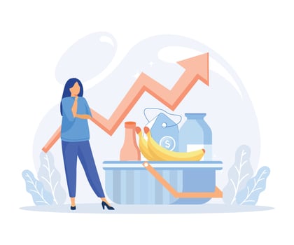 Inflation illustration. Characters buying food in supermarket and worries about groceries rising price. Consumer price index growth and financial crisis concept.  flat vector modern illustration
