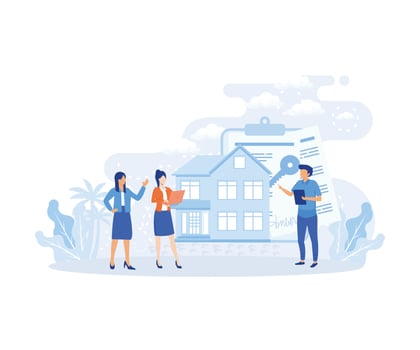 Mortgage process illustration. Characters buying property with mortgage, receiving bank approval, signing contact and legal documents. flat vector illustration