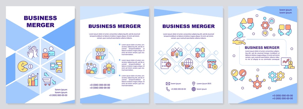 Business merger blue brochure template. Consolidation. Leaflet design with linear icons. Editable 4 vector layouts for presentation, annual reports