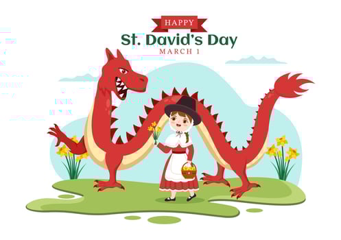Happy St David's Day on March 1 Illustration with Kids Welsh Dress, Dragons and Yellow Daffodils in Flat Cartoon Hand Drawn for Landing Page Templates vector