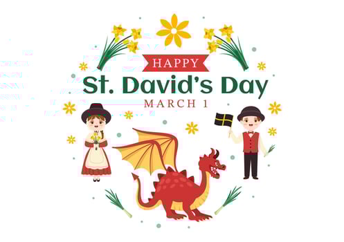 Happy St David's Day on March 1 Illustration with Kids Welsh Dress, Dragons and Yellow Daffodils in Flat Cartoon Hand Drawn for Landing Page Templates vector