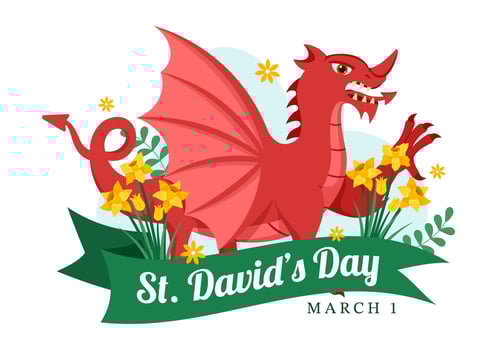 Happy St David's Day on March 1 Illustration with Welsh Dragons and Yellow Daffodils for Landing Page in Flat Cartoon Hand Drawn Templates vector