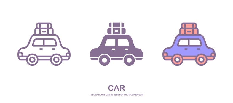 Three different styles of car vector icons that can be used for multiple projects, isolated on white background.