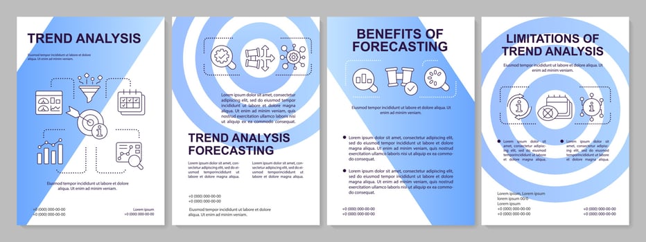 Trend analysis in forecasting blue brochure template. Leaflet design with linear icons. Editable 4 vector layouts for presentation, annual reports